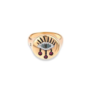 EYE LIGHT GOLD BLUE DIAMOND RUBY PINKY RING