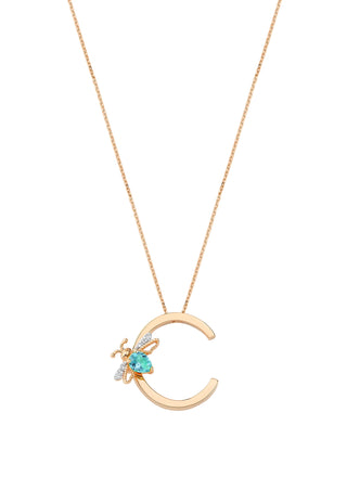 LETTER C GOLD BLUE TOPAZ DIAMOND NECKLACE