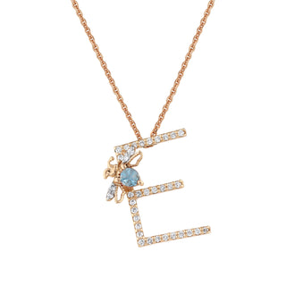 LETTER E XSMALL BLUE TOPAZ GOLD DIAMOND NECKLACE