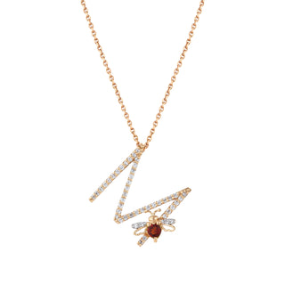 LETTER M GOLD GARNET DIAMOND NECKLACE