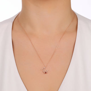 LETTER M GOLD GARNET DIAMOND NECKLACE