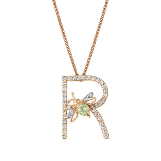 LETTER R GOLD GARNET DIAMOND NECKLACE