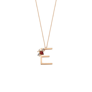 LETTER E GOLD DIAMOND GARNET NECKLACE