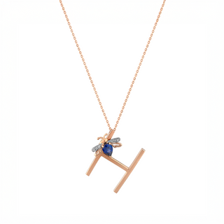 LETTER H GOLD DIAMOND SAPPHIRE NECKLACE