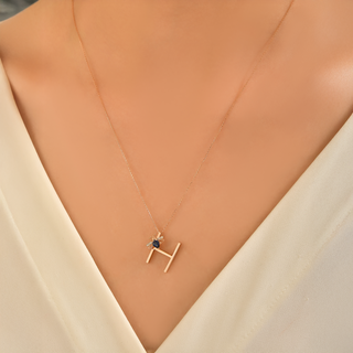 LETTER H GOLD DIAMOND SAPPHIRE NECKLACE