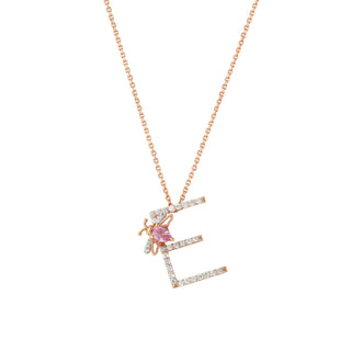 LETTER E GOLD DIAMOND PINK SAPPHIRE NECKLACE