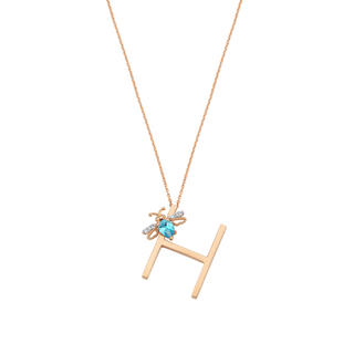 LETTER H GOLD DIAMOND BLUE TOPAZ NECKLACE