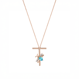 LETTER T GOLD DIAMOND BLUE TOPAZ NECKLACE