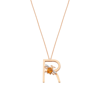 LETTER R GOLD DIAMOND CITRINE NECKLACE
